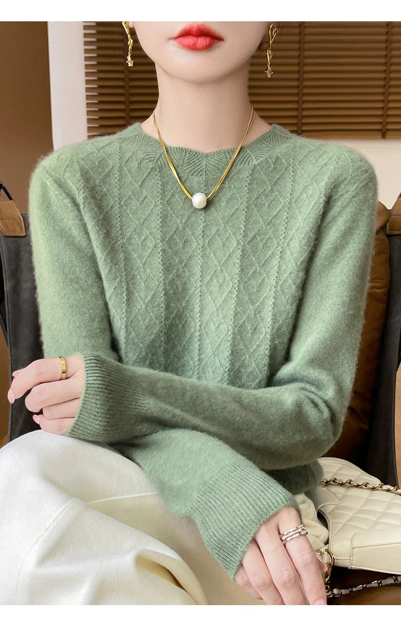 Fall/Winter 2024 New Women's Sweater 100% Pure Wool Lotus Collar Solid Color Loose Knitted Cashmere Pullover