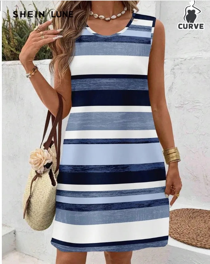 Women's Casual Summer Dress Sleeveless Loose Fit Round Neck Pullover Mid Length 3D Print for Women Beach Camping Hiking Outfit