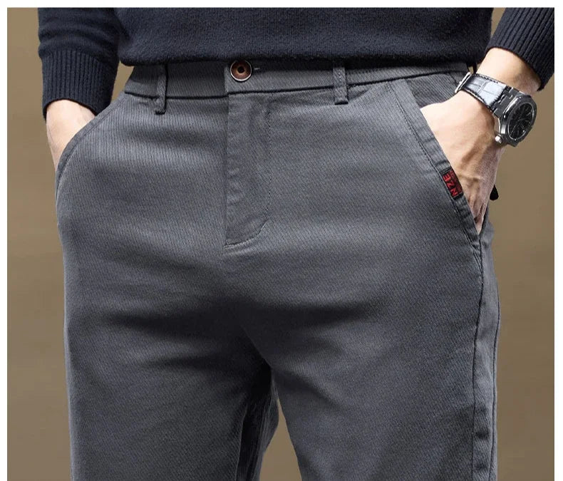 Korean Fashion Fleece Men's Casual Pants Slim Straight Youth Warm Trousers Thickened Thermal Stretch Male Clothes Trendy Brand