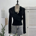 ISAROSE Big Artificial Fur Collar T-shirt for Women Y2K Solid Color V Neck Spring Autumn Sanded Fabric Lining Short Slim Tops