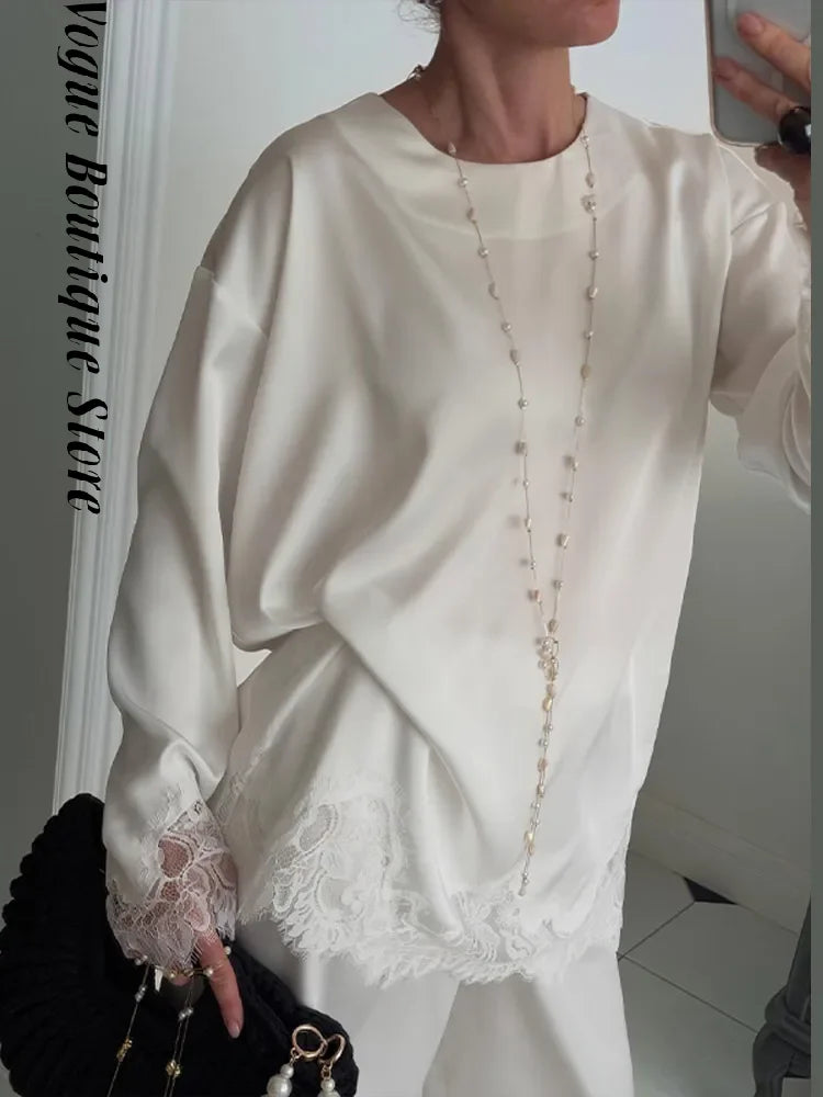 Elegant Lace Loose Dress Women Solid O-neck Full Sleeve Patchwork Dresses Female 2026 Summer White Robe Lady