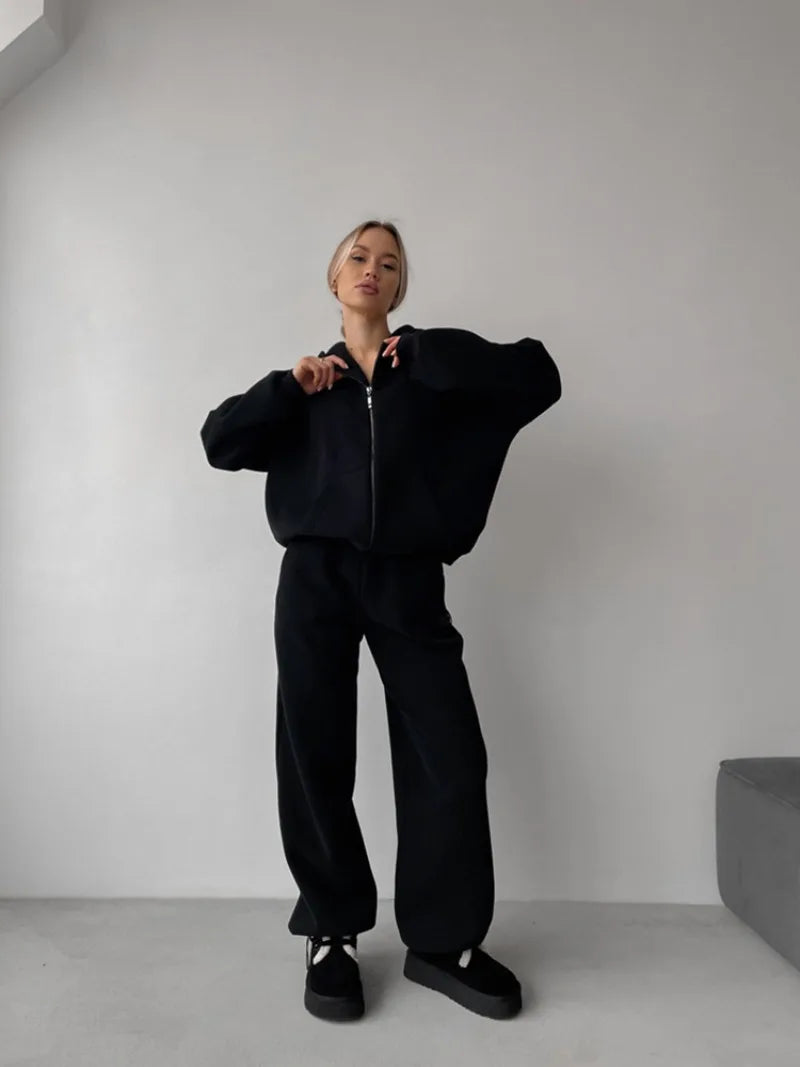 Women's Casual Suit Solid Color Long Sleeve Hooded Cardigan Pocket Sweater Elastic Pants Two-piece Set