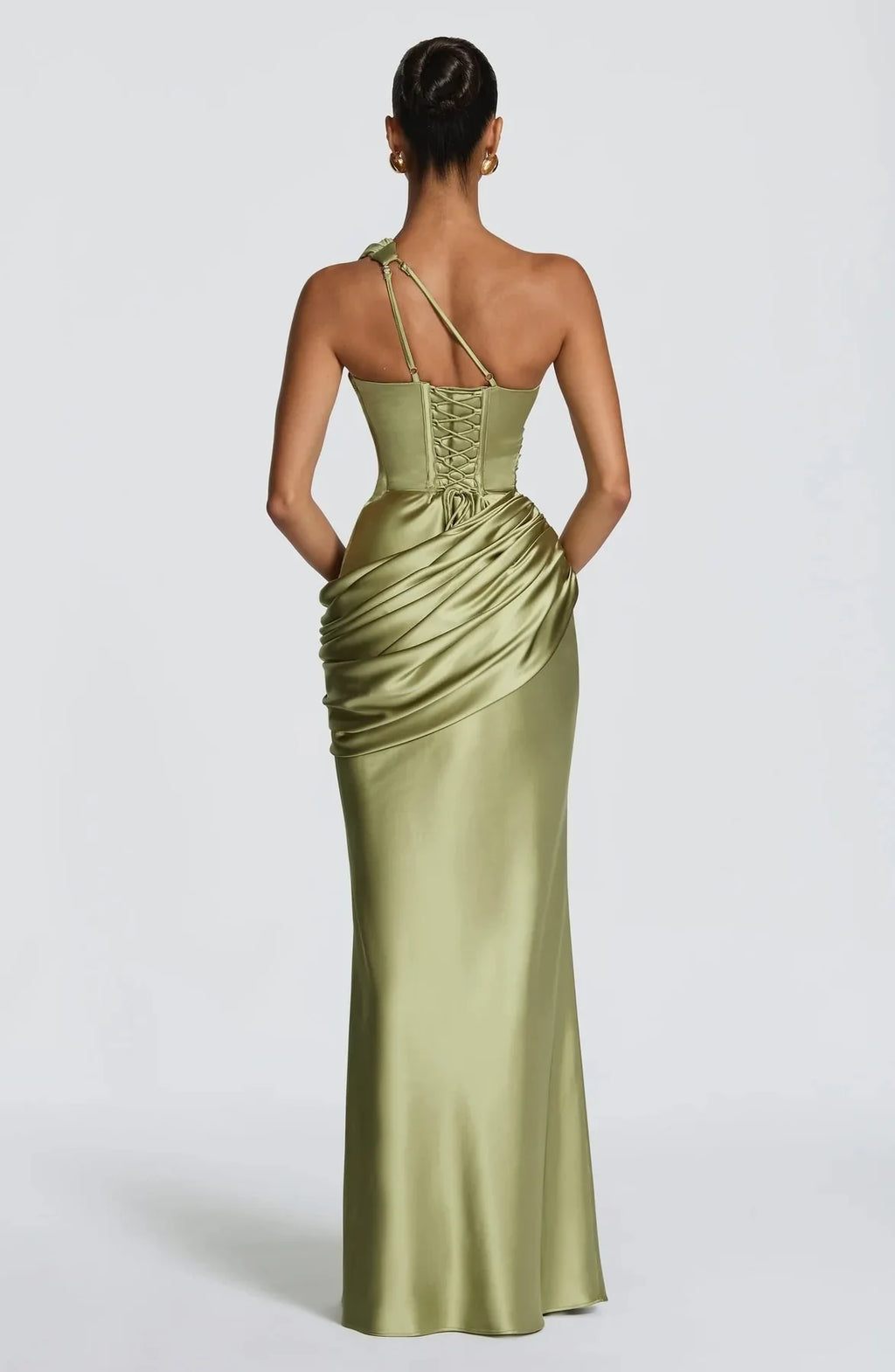 Women Satin One Shoulder Cutout Maxi Dress Elegant Green Ruched Mermaid Slim Fit Flowy Vestido 2026 Lady Summer Evening Dresses