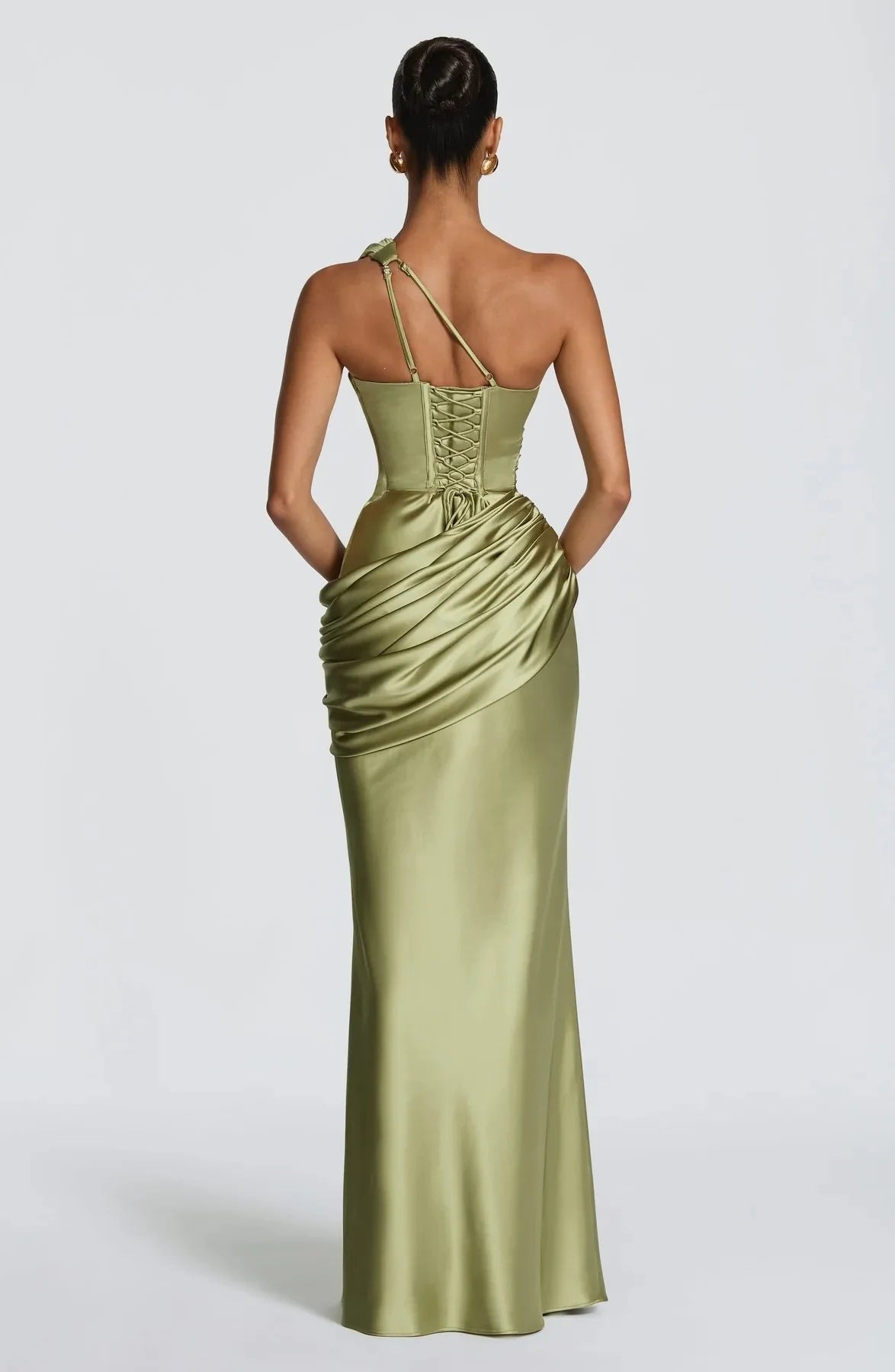 Women Satin One Shoulder Cutout Maxi Dress Elegant Green Ruched Mermaid Slim Fit Flowy Vestido 2026 Lady Summer Evening Dresses