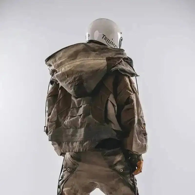 HKSH Autumn New Men's Hooded Distressed Patchwork Folded Waste Land Tactical Punk Techwear Shoulder Batwing Sleeve Jacket HK2392