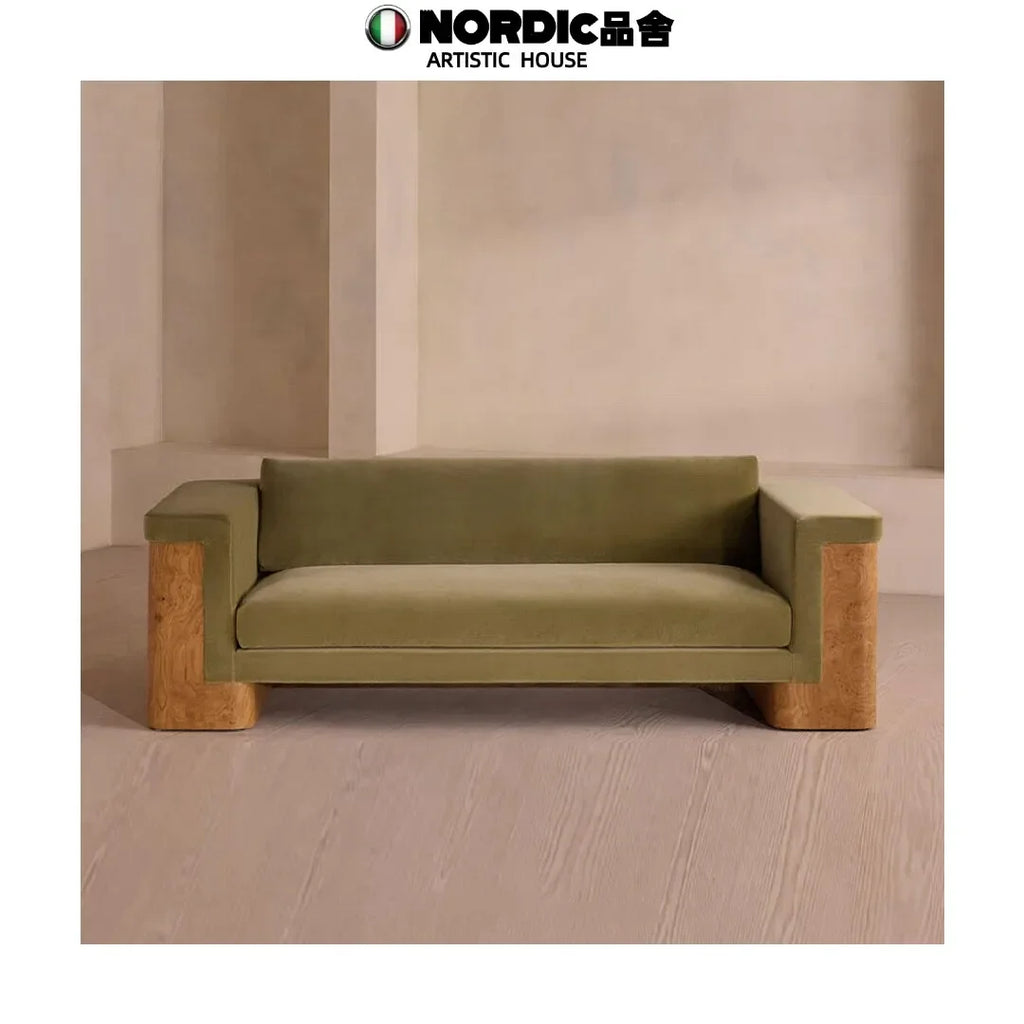 05 Medieval Style Designer Solid Wood Tree Rut Straight Row Sofa Wabi Sandy Wind Fabric Sofa American Country