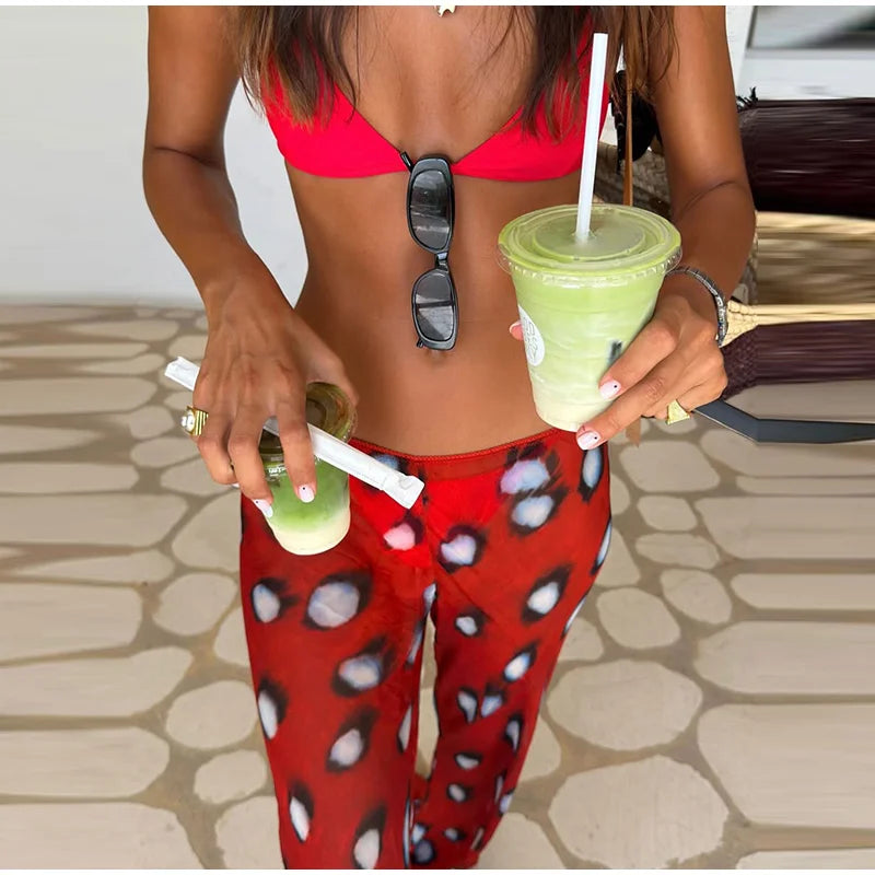 Beach Vacation Printed Shirt Pant Set Women Red See Through Lapel Full Sleeve Button Shirts Pants Suit 2026 Summer Casual Outfit
