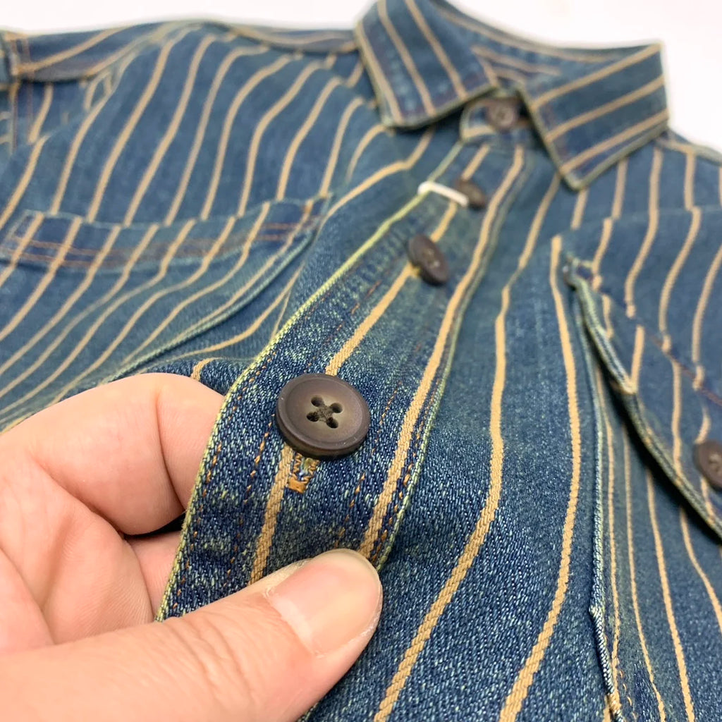 2025 Autumn New American Retro Heavyweight Striped Denim Shirt Jacket Men's 100% Cotton Washed Old Fashion Loose Casual Coat