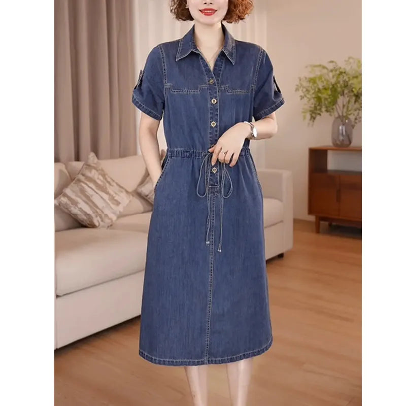 Denim Dress For women Summer 2026 New Female Single Breasted Short sleeved Slim Temperament Casual Dresses With pockets