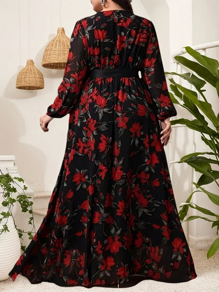 GIBSIE Plus Size Floral Print V-Neck Belted Dress Women Spring and Autumn Bohemian Vacation Long Sleeve Elegant Maxi Dresses