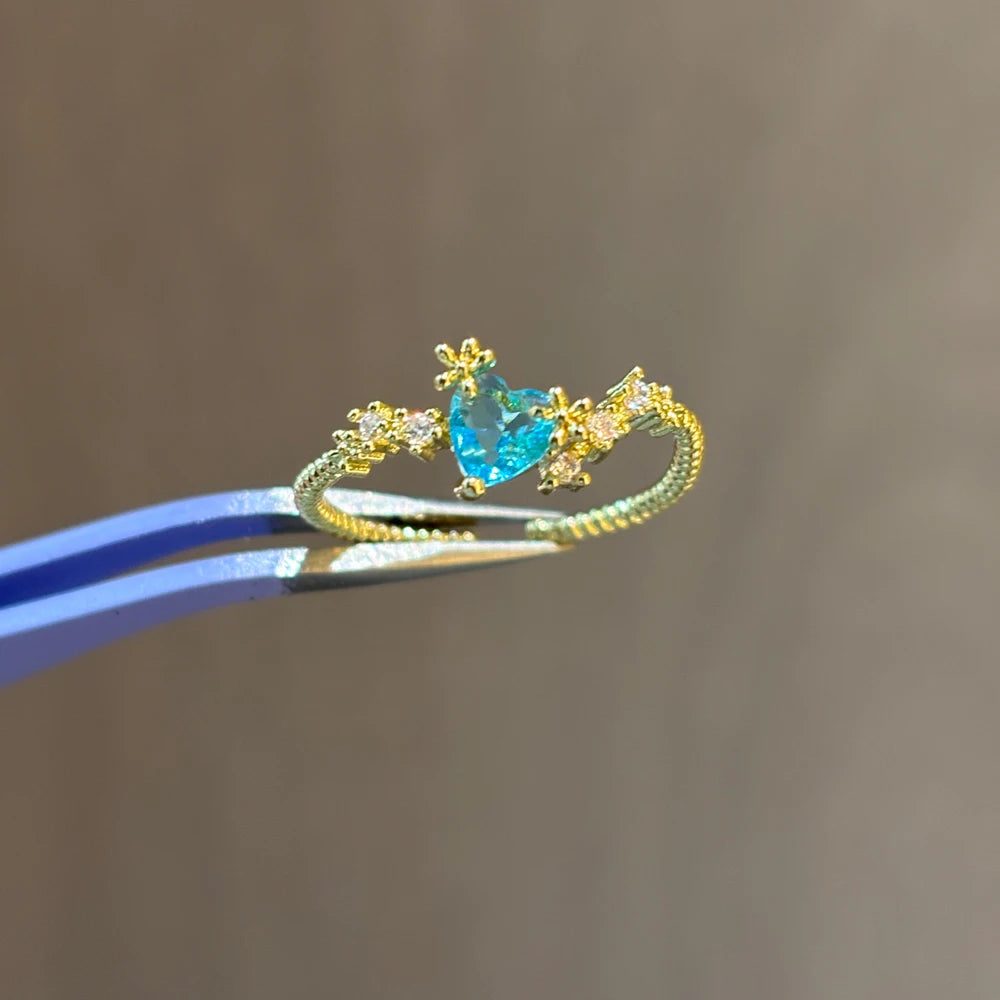 Vintage Blue Crystal Bow Knot Rings Women Gold Plated Open Adjustable Ring Sweet Heart Zircon Pearl Finger Ring Fashion Jewelry