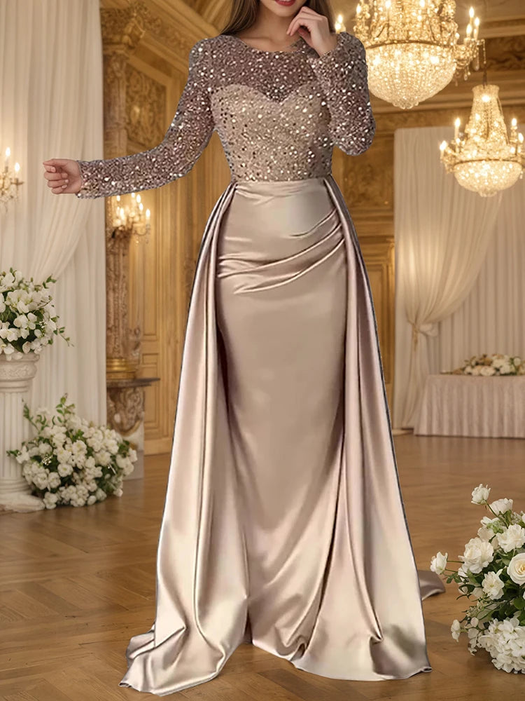 Glamorous Sequin Evening Dress For Women Crew Neck Gold Long Sleeve Ruched Tiered Bodycon Formal Prom Dress Wedding Maxi Dresses