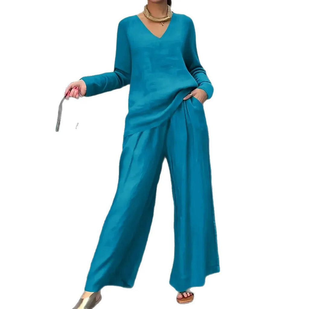 Summer New Pant Sets Fashionable V-neck Top+ Long Pants 2 Piece Set 2026 Women's Casual Loose Outfit Two Pieces Set Female Suit