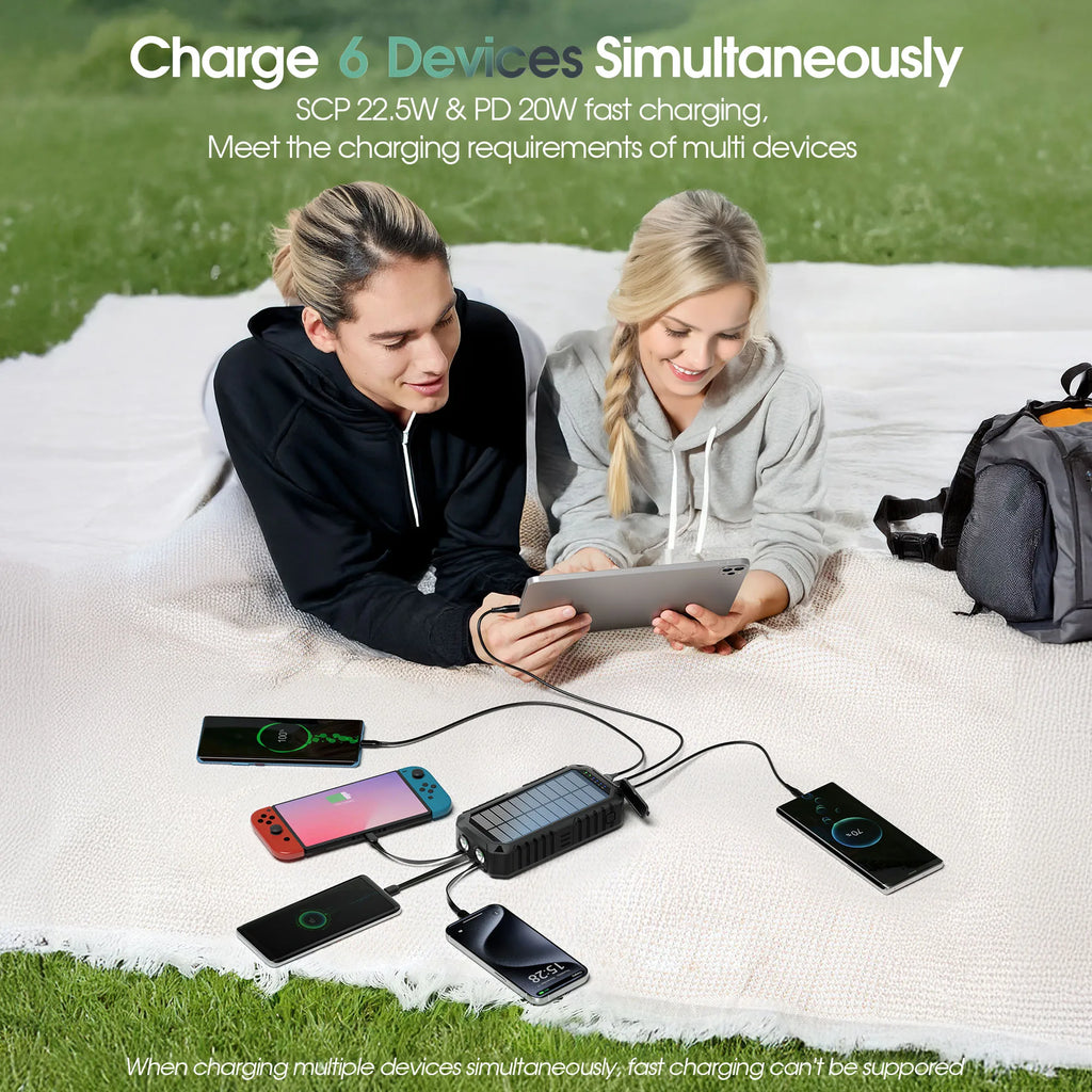 40,000mAh Solar Power Bank with Hand Crank & 4 Cables,Dual UsB/Type-C Fast Charging, Bright LED Light, Built-inCompass & Leveler