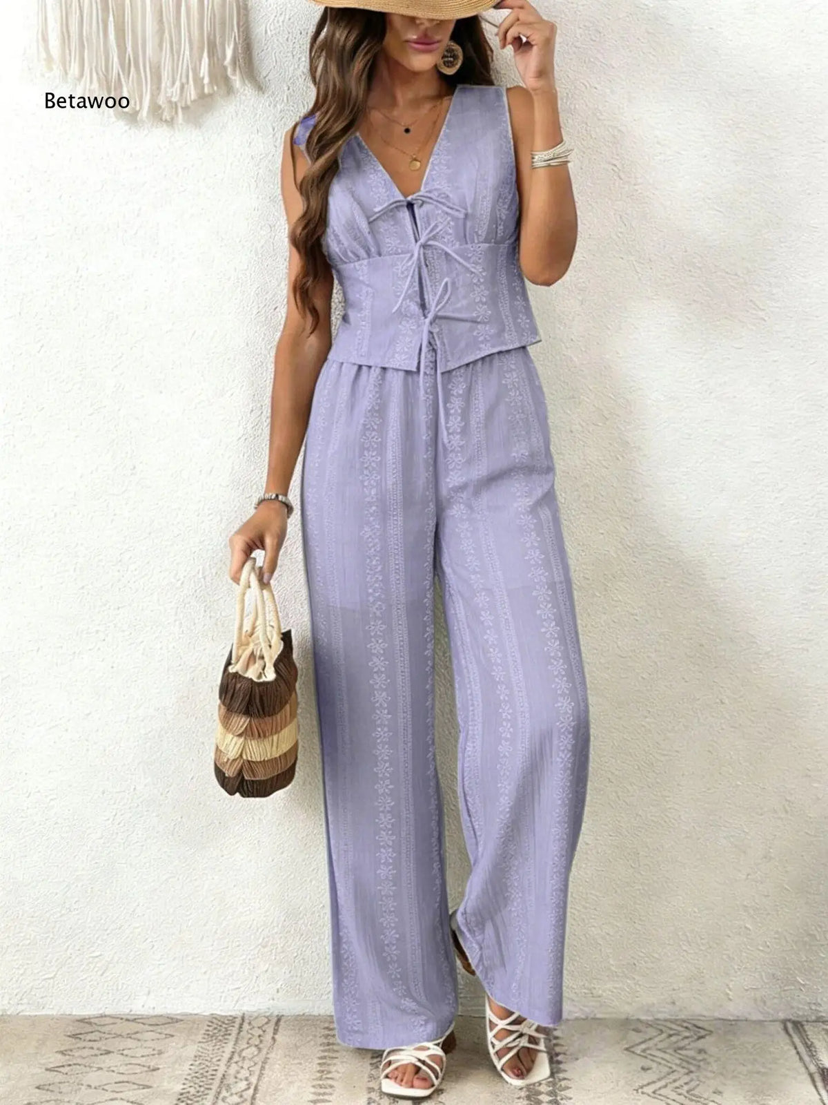 Women Multi Color Eyelet Lace 2 Piece Outfit Sleeveless V Neck Tie Front Crop Top Wide Leg Pants Summer Casual Set