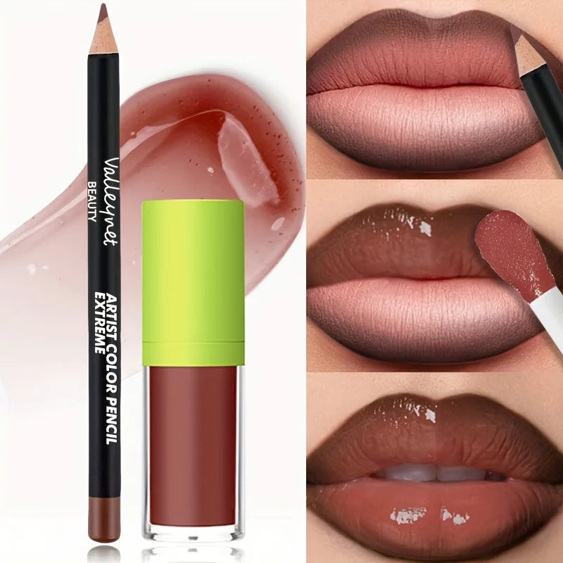 2pcs/Set Lip Gloss & Lip Liner Set Lip Kit Natural Nude Tinted Lip Glow Oil Moisturizing Liquid Lipstick with Lip Liner Combo