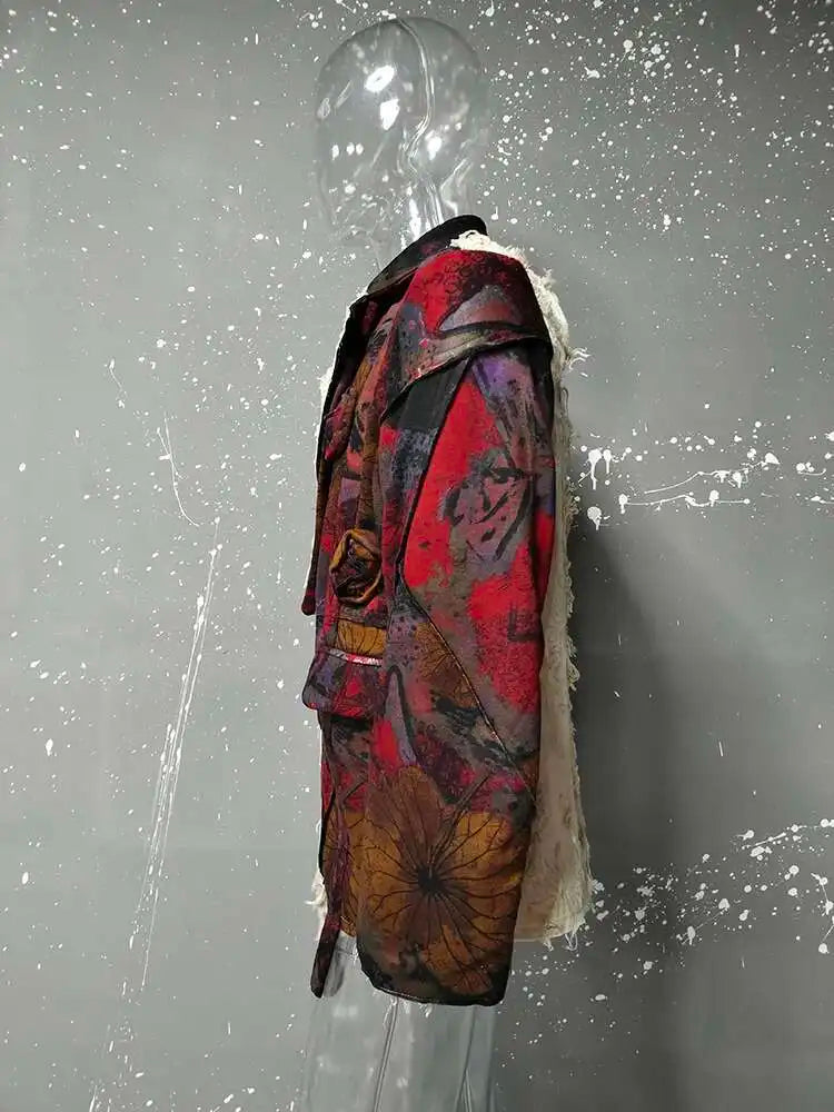 PFHQ Design Silhouette Suit Jacket Autumn 2024 New Loose Slimming Splicin Knitted Red Flowers Contrast Color Male Tops