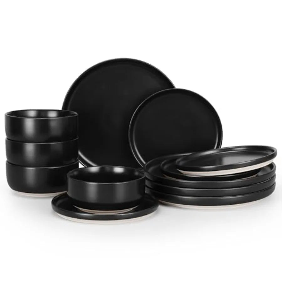 Stoneware Dinnerware Sets, 12-Piece Plates and Bowls Set for 4, Dishes Set for Home Restaurant, Frosting Black
