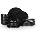 Stoneware Dinnerware Sets, 12-Piece Plates and Bowls Set for 4, Dishes Set for Home Restaurant, Frosting Black