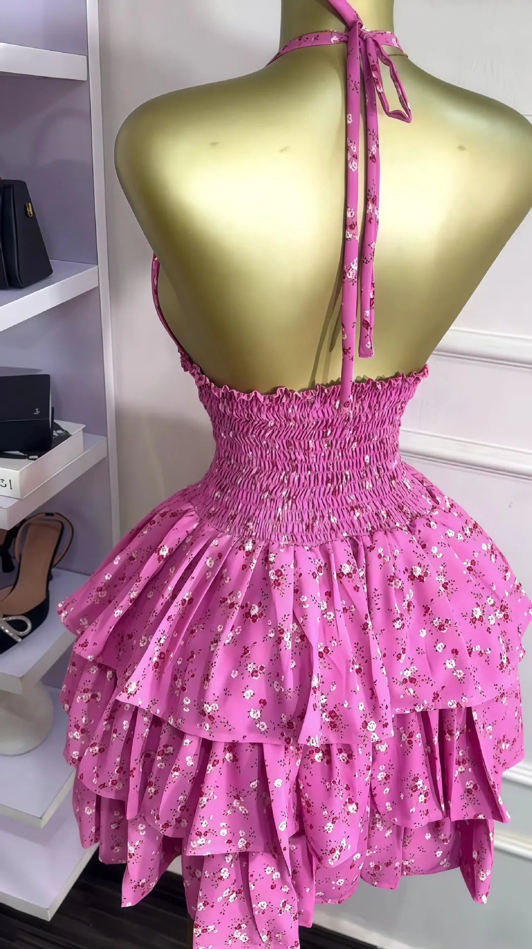 CM.YAYA Women Floral Printed Halter Ruffles Midi A-line Tiered Mini Dress Fall Vacation Elegant Evening Birthday Party Dresses