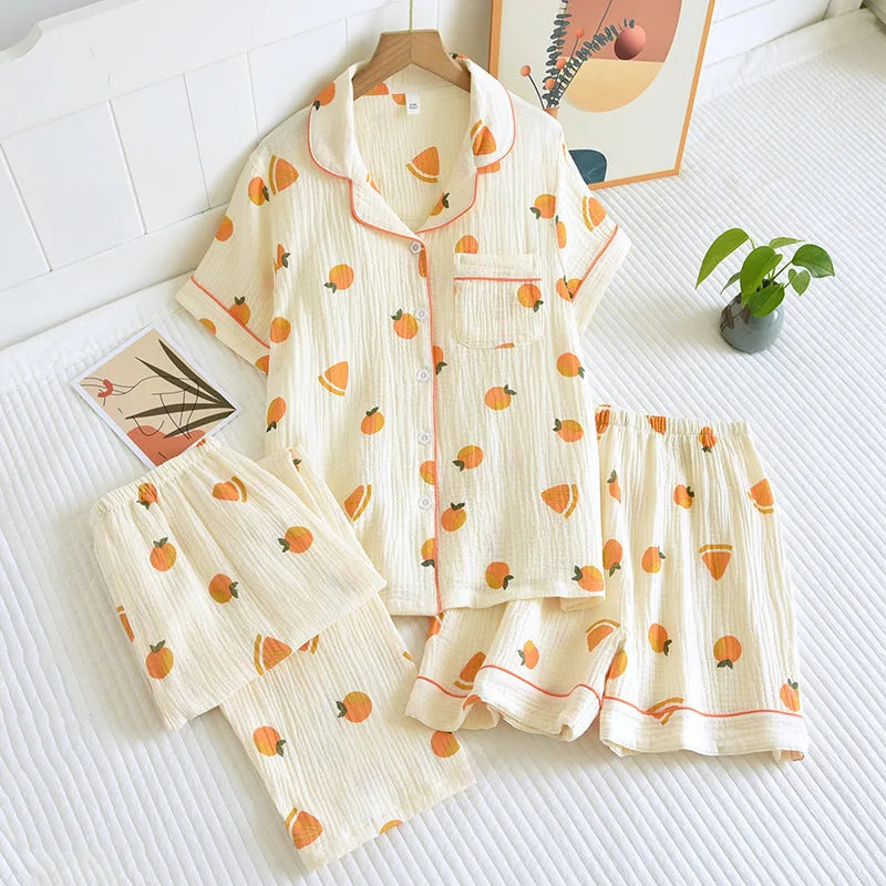 100% Gauze Cotton Summer Women Pajamas 3 Pieces Set  Female 2025 New Sleepwear Bedroom Set Short sleeved long pants + shorts
