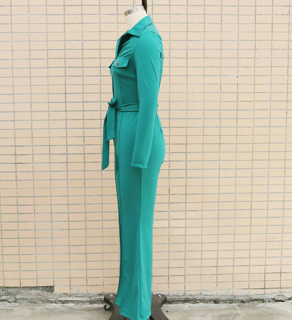 New Spring Women's Long Sleeve Jumpsuits Fashion Casual Button Turn-Down Collar Skinny Bootcut Jumpsuit with Belt Y2K Streetwear