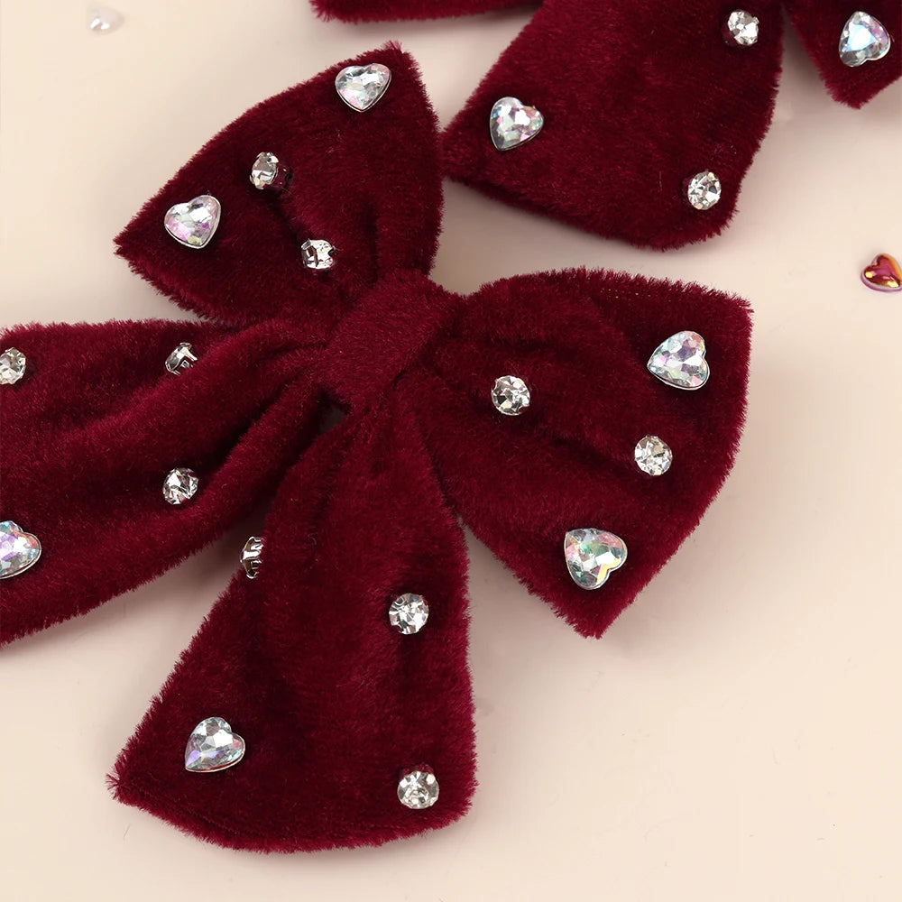 2Pcs Girls Velvet Bow Hair Clips Elegant Heart Shape Rhinestones Hairpins Vintage Burgundy Barrette Fall/Winter Hair Accessories