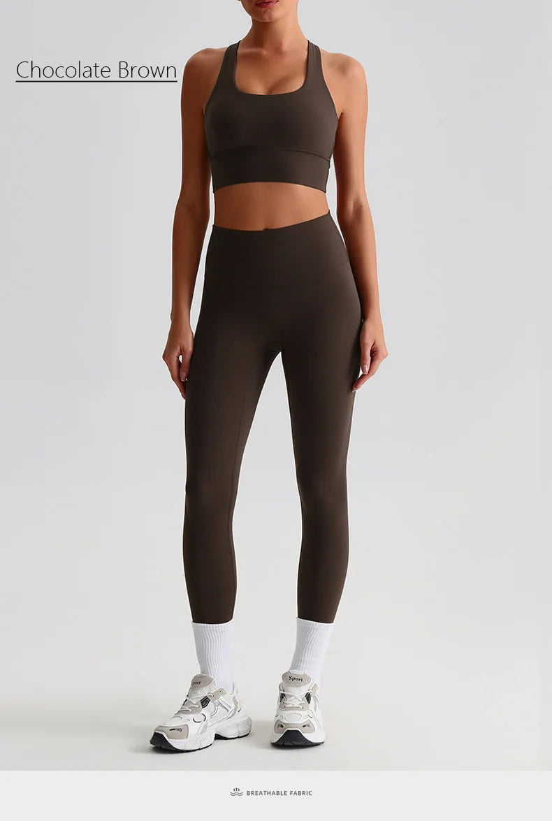 Naked Feel Yoga Set Women Fitness Sportswear 2 Piece Strappy Sports Bra High Waist Gym Leggings Workout Outfit Active Wear