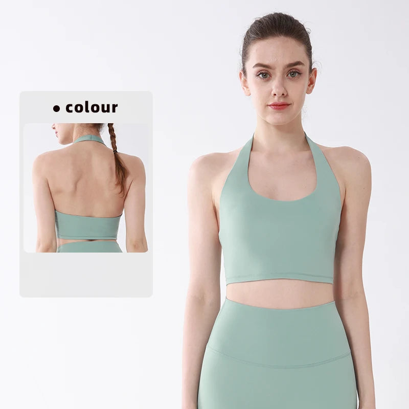 Sports Top Women Sexy Hanging Neck Yoga Bra High Intensity Shockproof Fixed Chest Pad Running Fitness Outdoor Leisure Yoga Vest