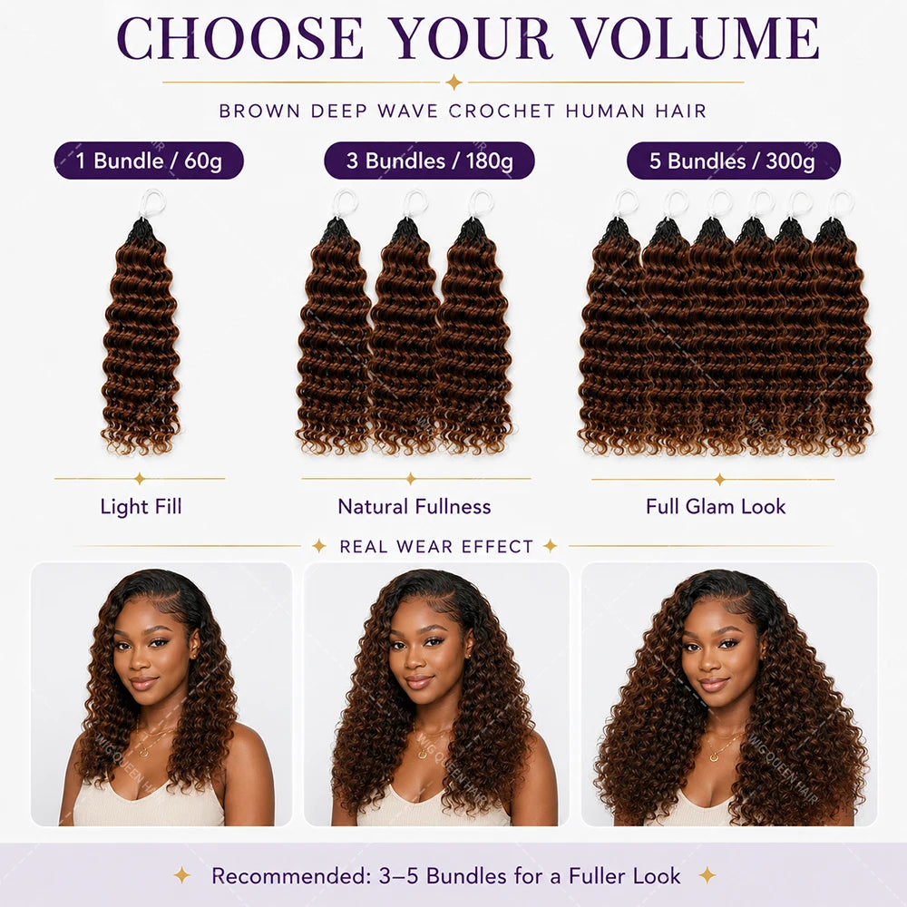 Brown Deep Wave Crochet Human Hair Extensions Miracle Knots Feather Crochet Pre Separated Remy Hair Soft Full Natural Look