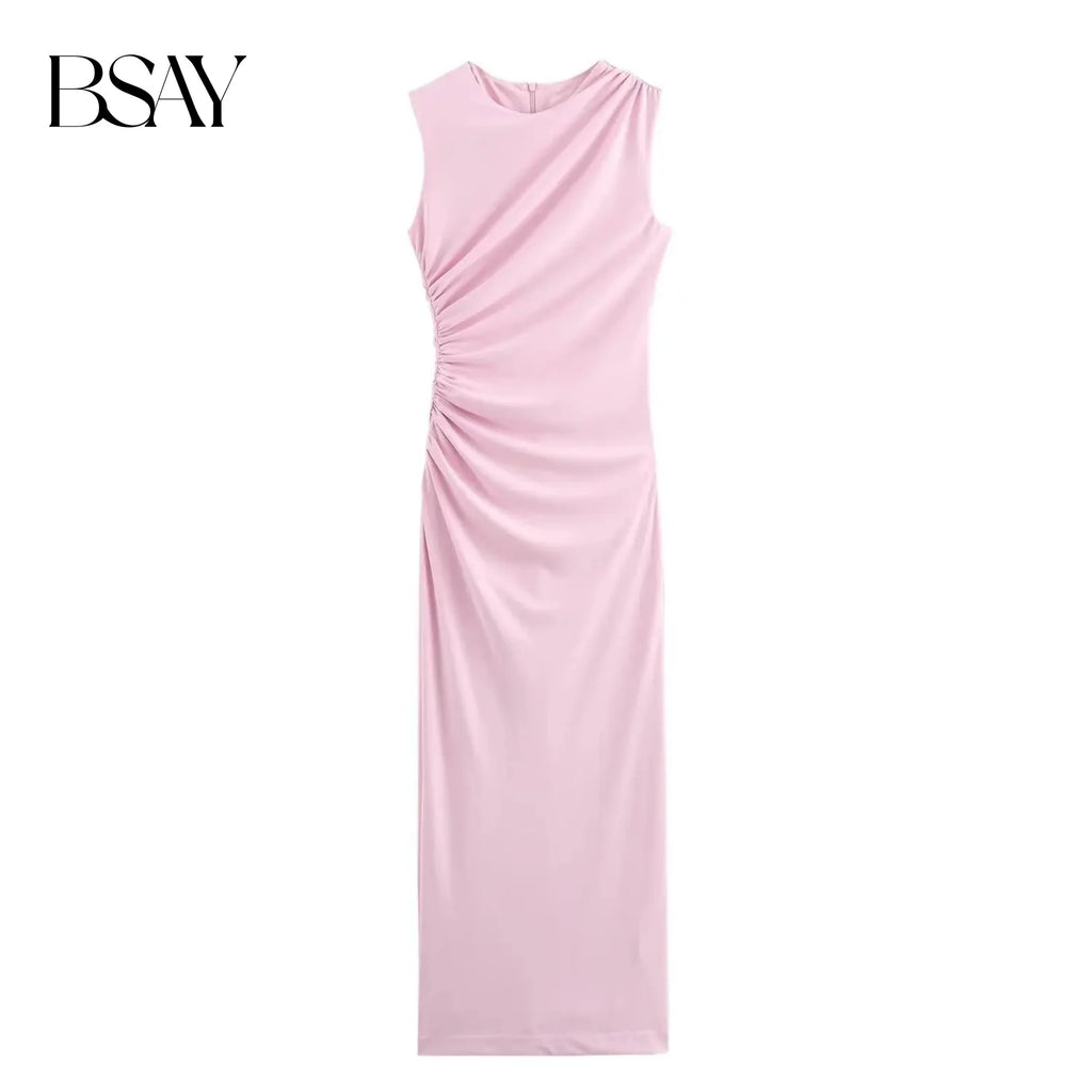 BSAY Women Fashion Summer New White Pleated Back Zip Sleeveless Crewneck Vest Long Dress Chic Female Elegant Evening