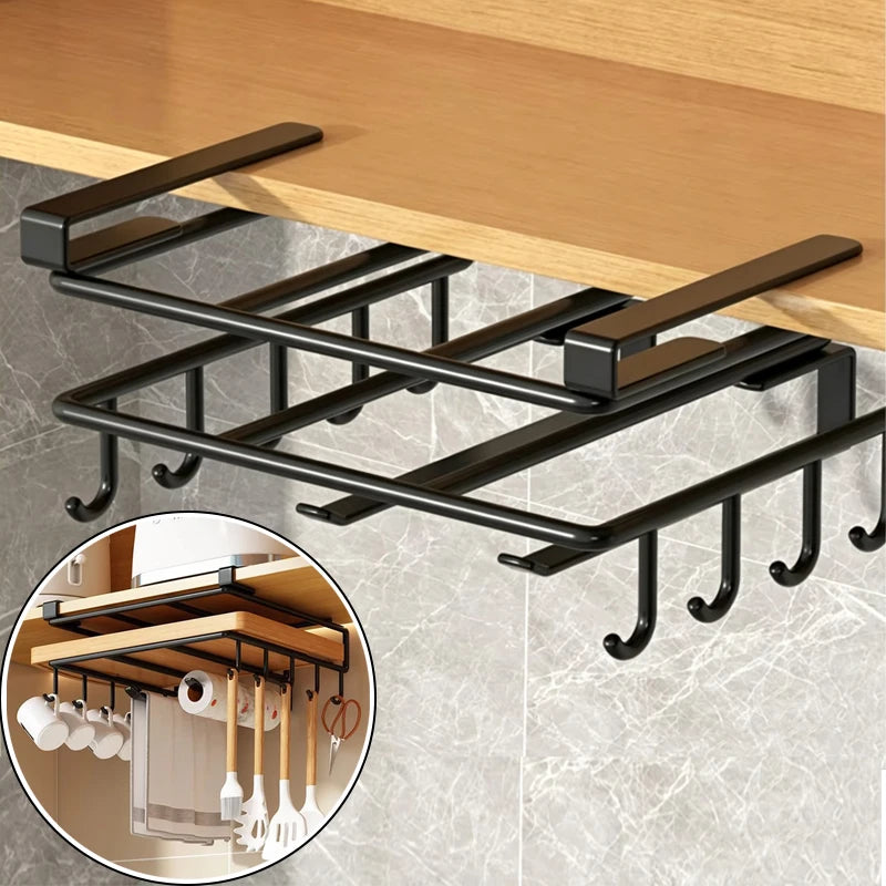 Under Cabinet Kitchen Organizer Rack Hooks Multi-Purpose Storage Shelf Portable Storage For Paper Towel Cutting Board Pot Lids