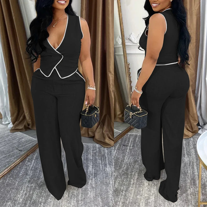 BKLD 2025 Women's Temperament Commuting Suit Contrasting Button Sleeveless Vest Tops+Zipper Pockets Pants Fashion Casual Outfits
