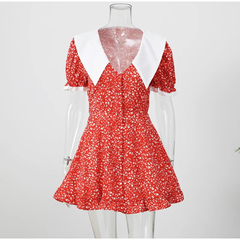 Red Floral Print Peter Pan Collar Dress Women Puff Sleeve V-neck High Waist A-line Mini Dresses Lady Evening Dinner Vestido 2026