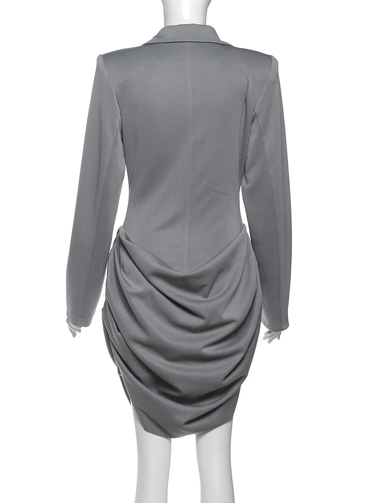 Sisterlinda Classic Ruched Dress Women Lapel Irregular Hem Full Sleeve Skinny Solid Elegant Autumn Trend Commute Office Bodycon
