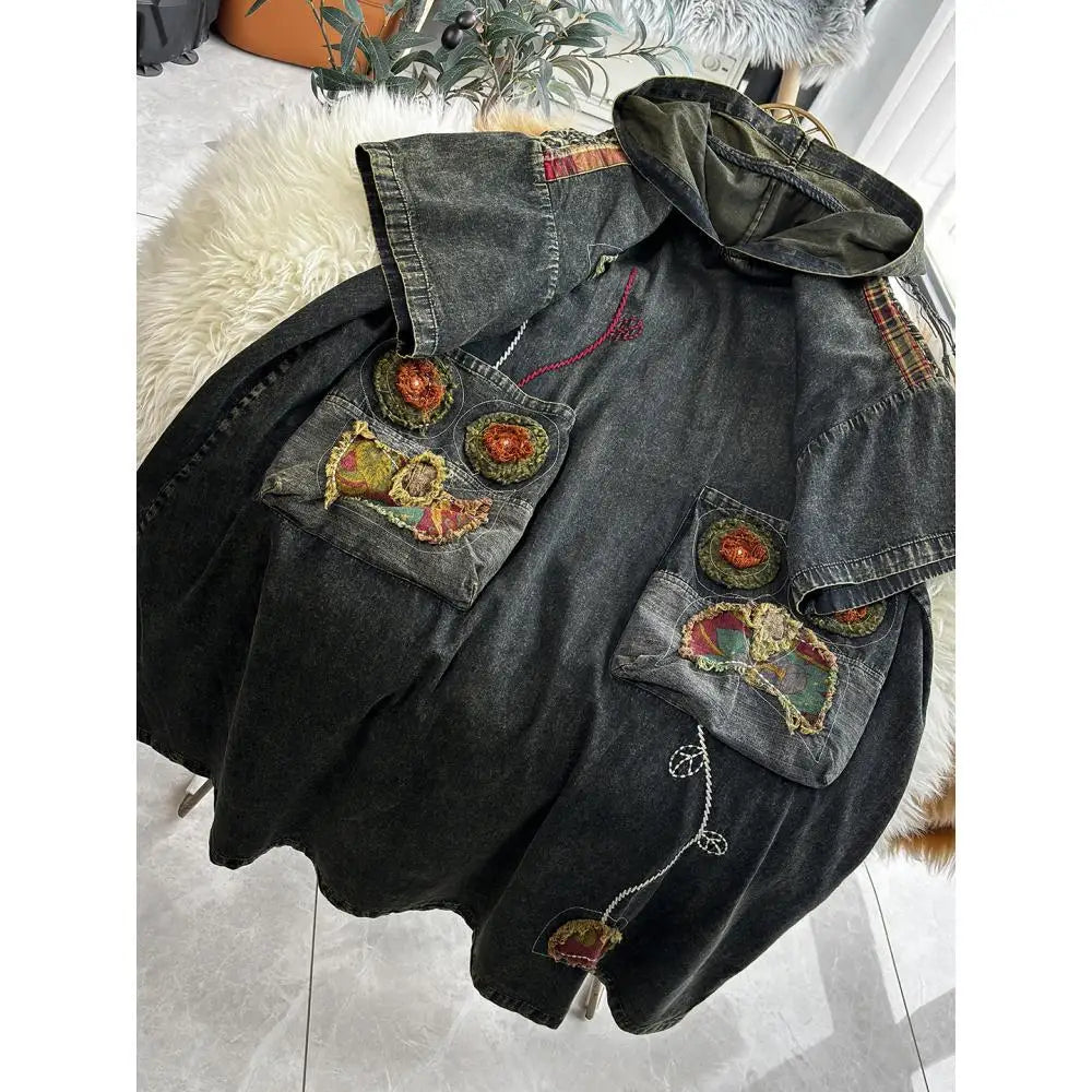 2026 Spring Artistic Ethnic Chinese-style Thin Denim Hooded Embroidered Short-sleeved Dress Women JLJ891