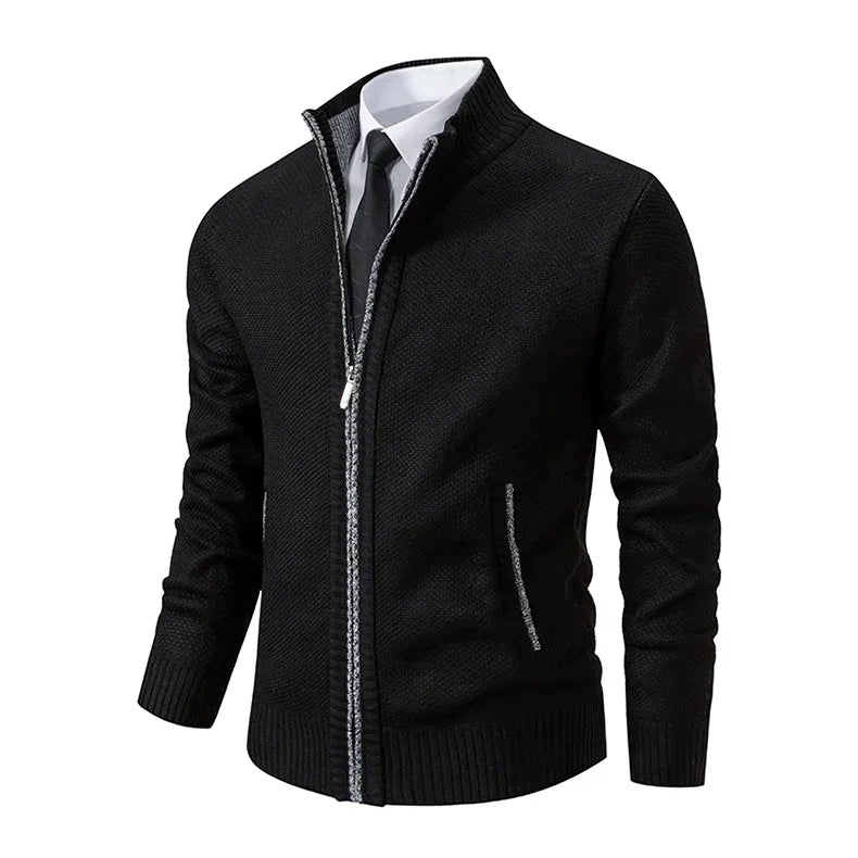 2025 Autumn and Winter New Jersey Men's Casual Sports Coat Solid Color Stand Collar Sweater Grab Fleece Warm Zipper Cardigan