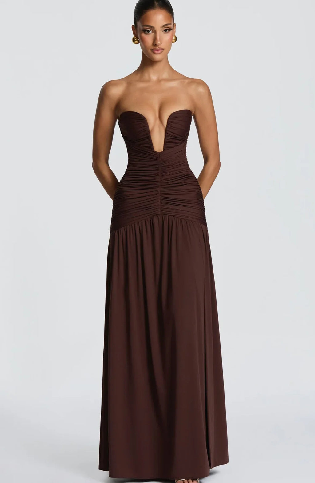 Women Elegant Deep V-neck Pleated Strapless Dress Chic Off-shoulder Backless Split Maxi Dresses 2026 Lady Evening Party Vestidos