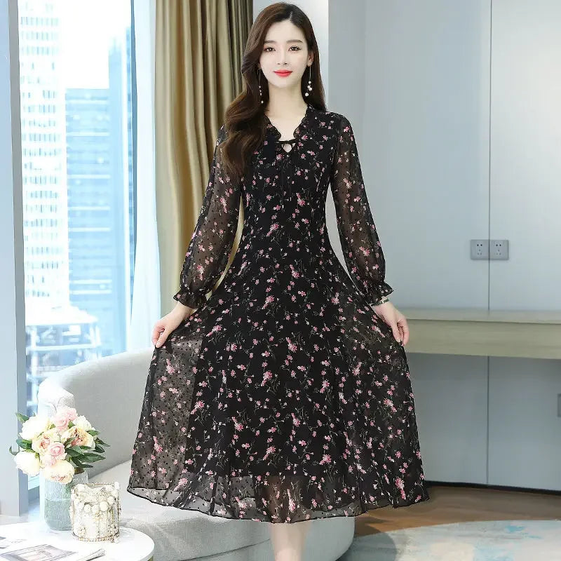 Woman Dress Summer Autumn New Long Sleeve Small Floral Chiffon Dress Dress Vestido De Mujer
