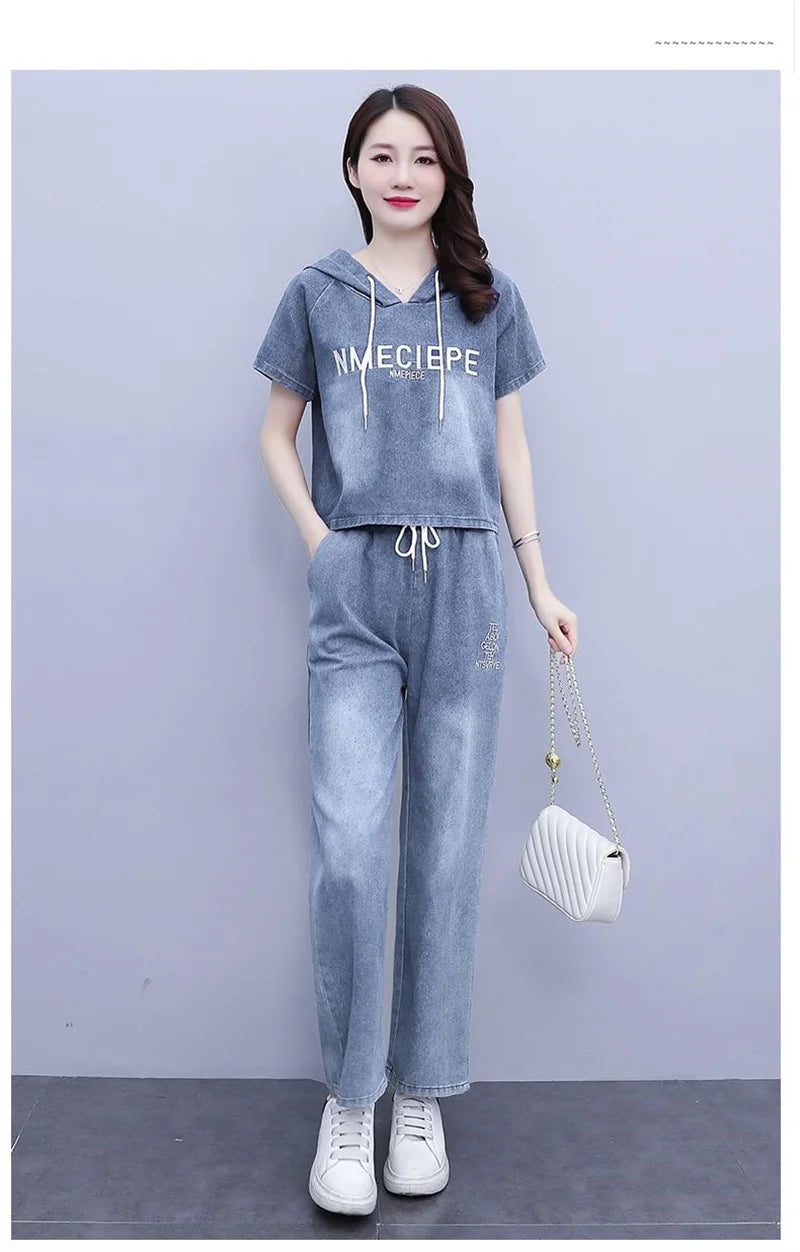 Summer Thin Jeans Set Women Fashion Short Sleeve Hooded Pullover Tops + Elastic Waist Wide Leg Pants 2PCS Female Denim Outfit