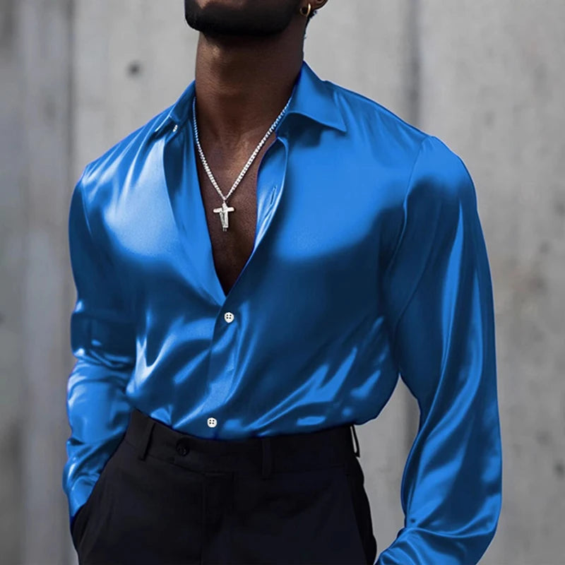 2025 Spring Fashionable Mens Silk Shirt Stylish Solid Color Long Sleeve Button-up Shirts Men New Casual Turn-down Collar Shirt