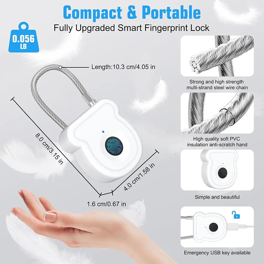 2025 NEW Keyless USB Charging Fingerprint Lock Smart Padlock Door Lock 0.2sec Unlock Portable Anti-theft Padlock