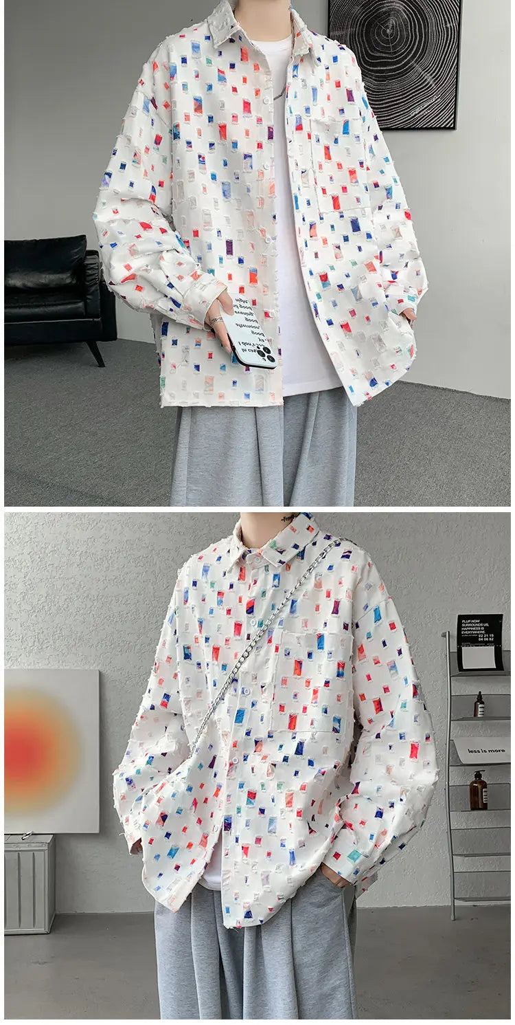Cotton Hollow Out Shirt Men Oversized Colorful Plaid Shirt Men Streetwear Loose Long Sleeve Shirt Mens Hole Patch Shirts M-3XL