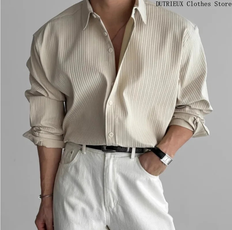 Men's High-quality Business Casual Shirts，High-end Texture Solid-color Shirts, Breathable  Loose Long-sleeved Shirts for Spring