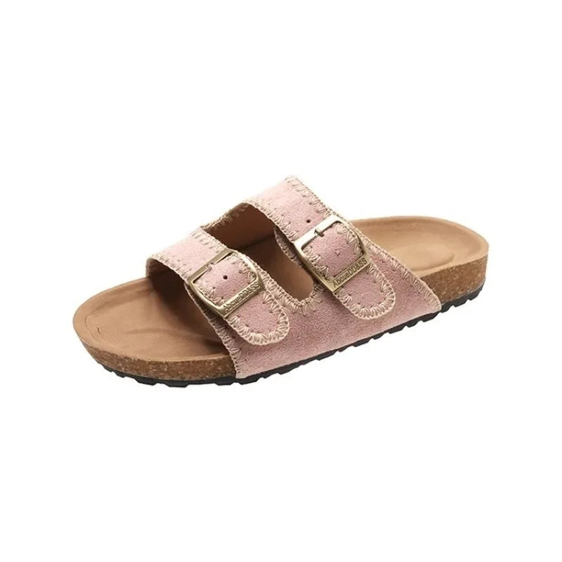 Women's Flat Slide Sandals Open Toe Suede Look Double Buckle Strap Slip on Whipstitch Detail Casual Summer Daily Walking Shoes