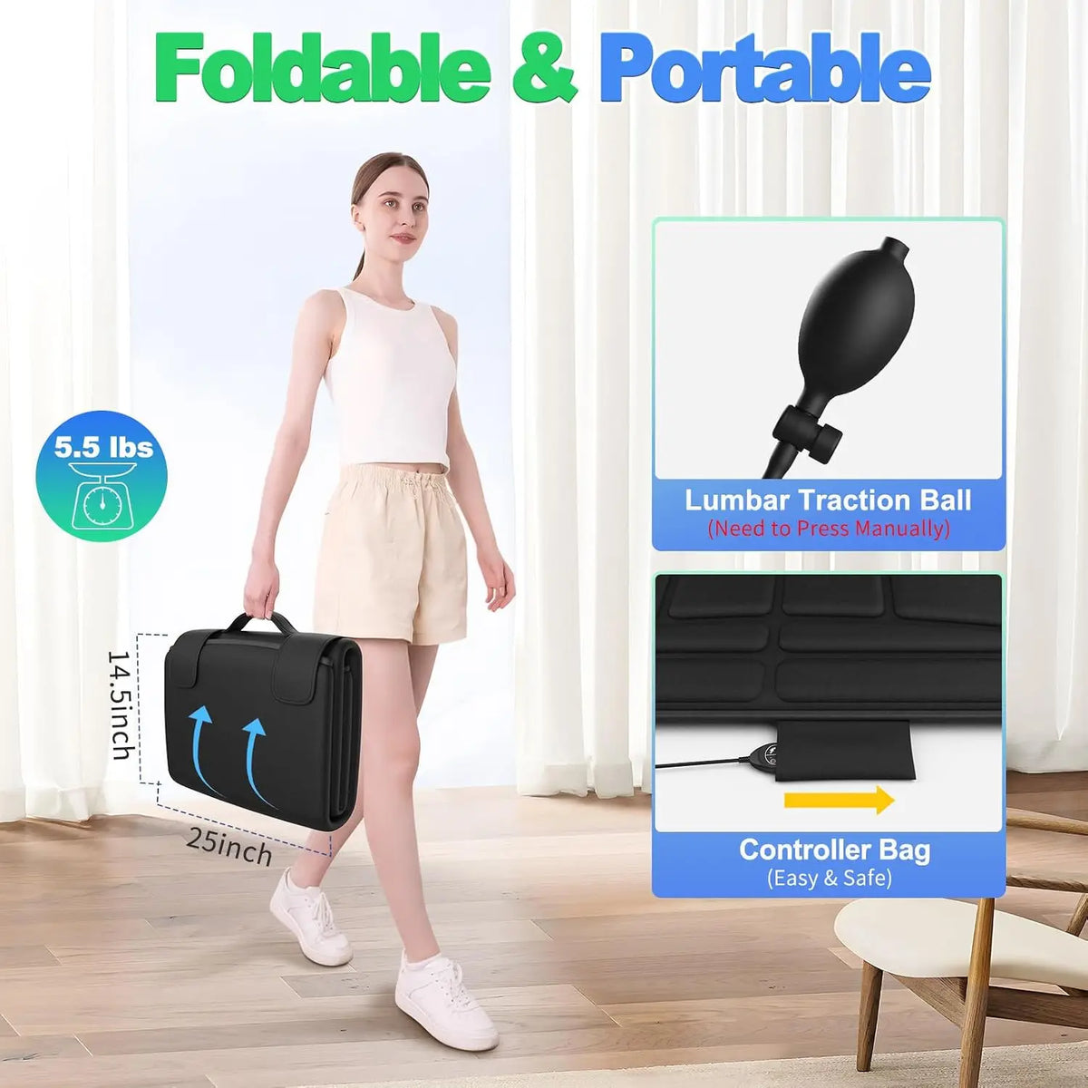Full Body Heat Vibration Massage Mat Foldable Lumbar Cushion Bed Sofa Floor Relaxation