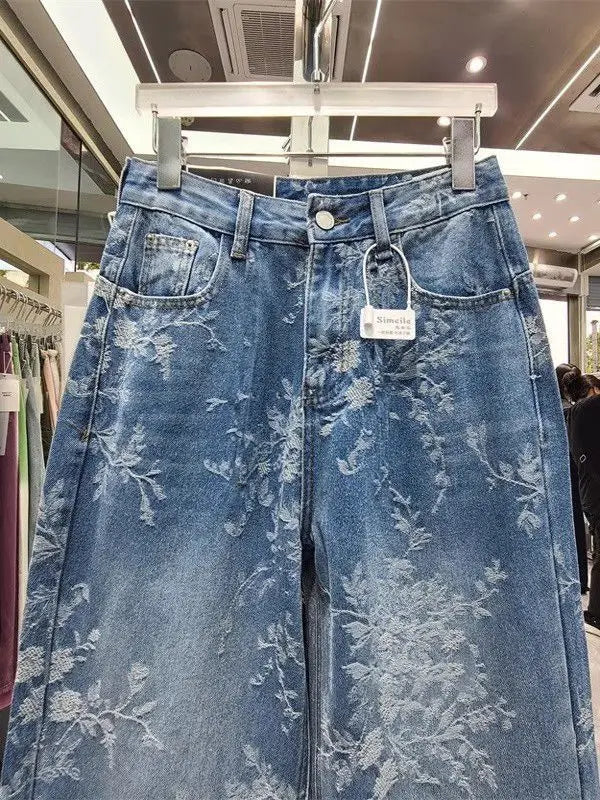 Korean Niche Jacquard Wide-leg Jeans Women Summer Trousers New Design Sense High-waist Casual Straight-leg Floor-length Pants
