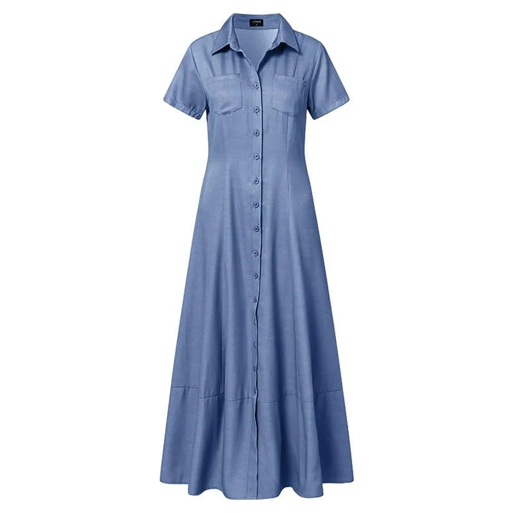 Women Denim Dress Elegant Denim Dress with Ruffle Hem Patch Pockets Women's A-line High Waist Long Dress for Casual or Formal