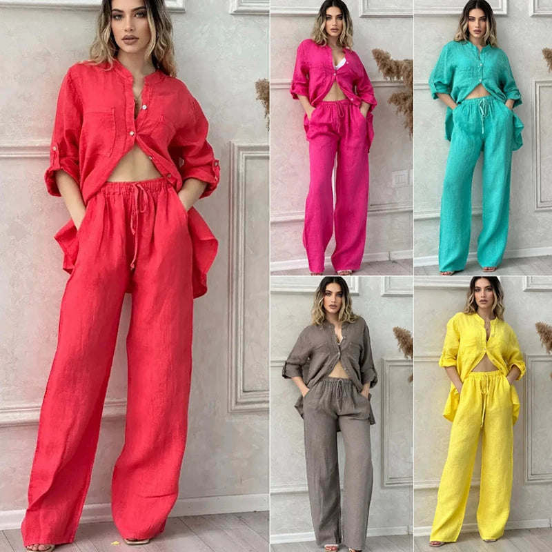 Women Two Piece Sets Spring Autumn Casual Long Sleeve Pocket Shirts 2 Piece Set Fashion Loose Wide Leg Pants OL Work Suit Outfit