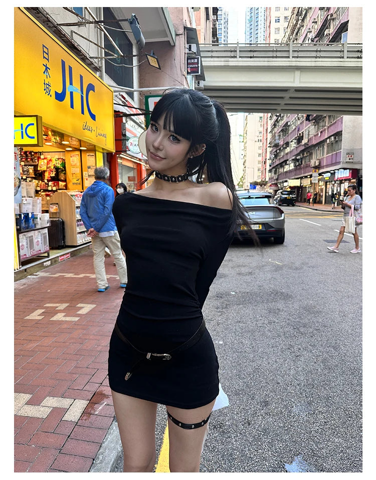 Seeslim Black Slim Sexy Mini Dress Women Long Sleeve Autumn Off Shoulder Korean Fashion 2000s Y2k Clothes Party Dresses Chic